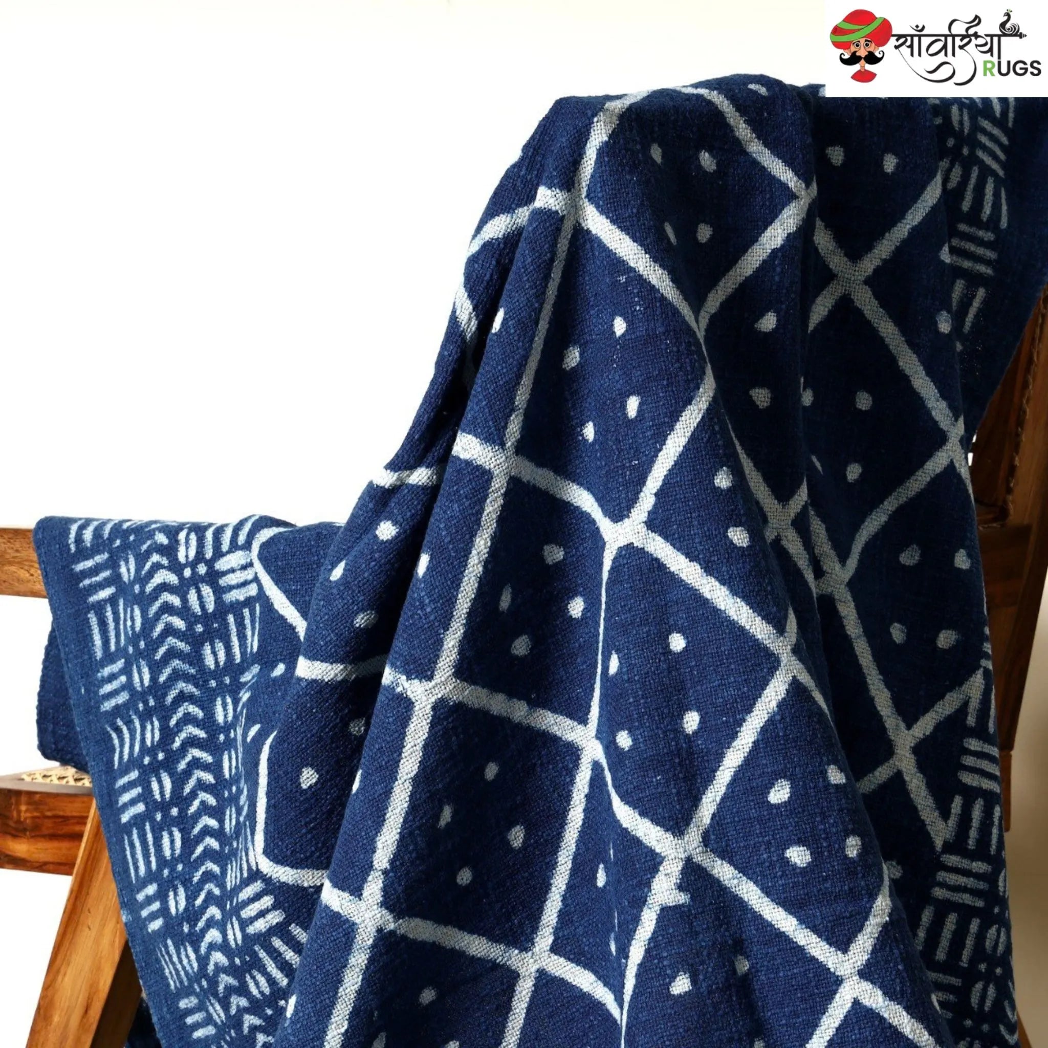 Hand block printed cotton throw blanket with geometric pattern