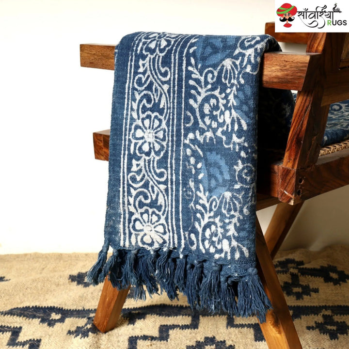 Cotton hand block print throw blanket with geometric design