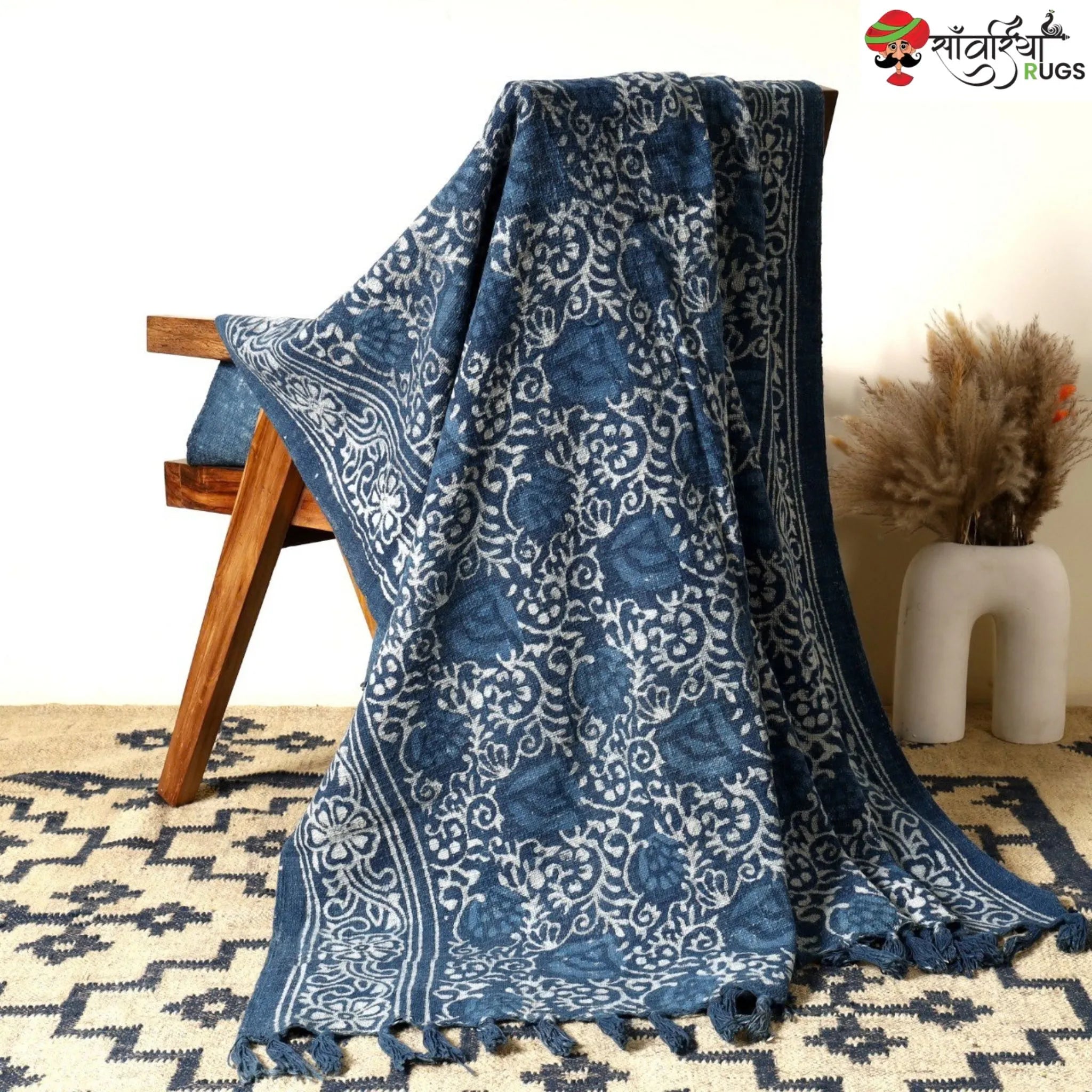 Cotton hand block print throw blanket with geometric design