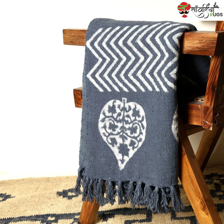 Indigo hand block printed cotton throw with traditional patterns