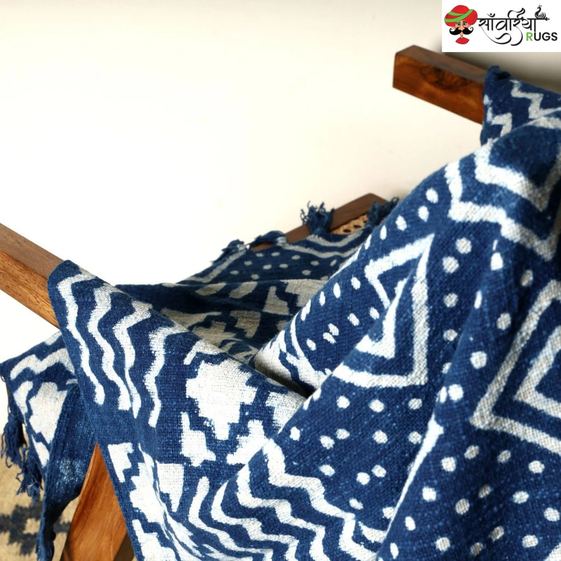 Blue Hand Block Printed Cotton Throw Blanket With Tassels