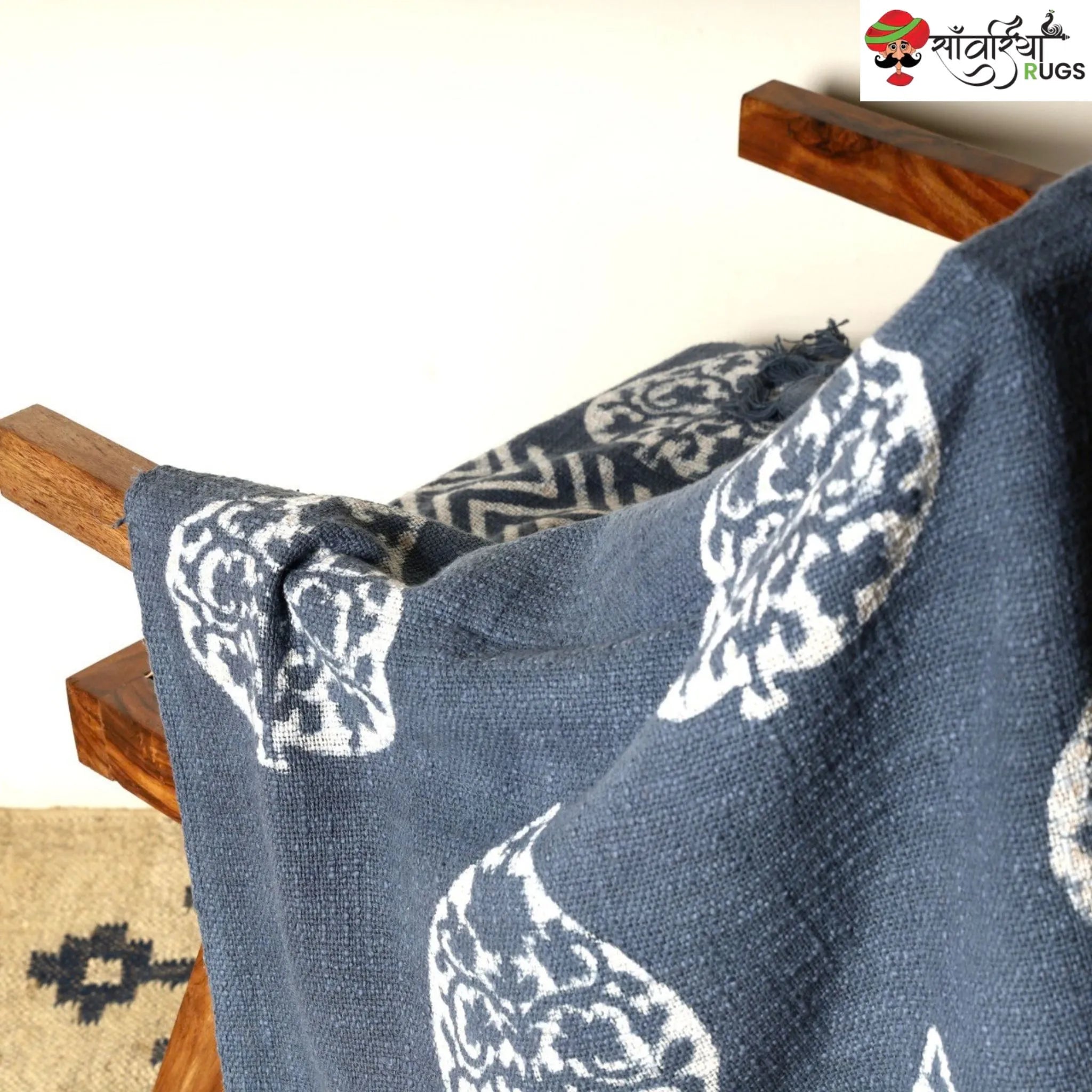 Indigo hand block printed cotton throw with traditional patterns
