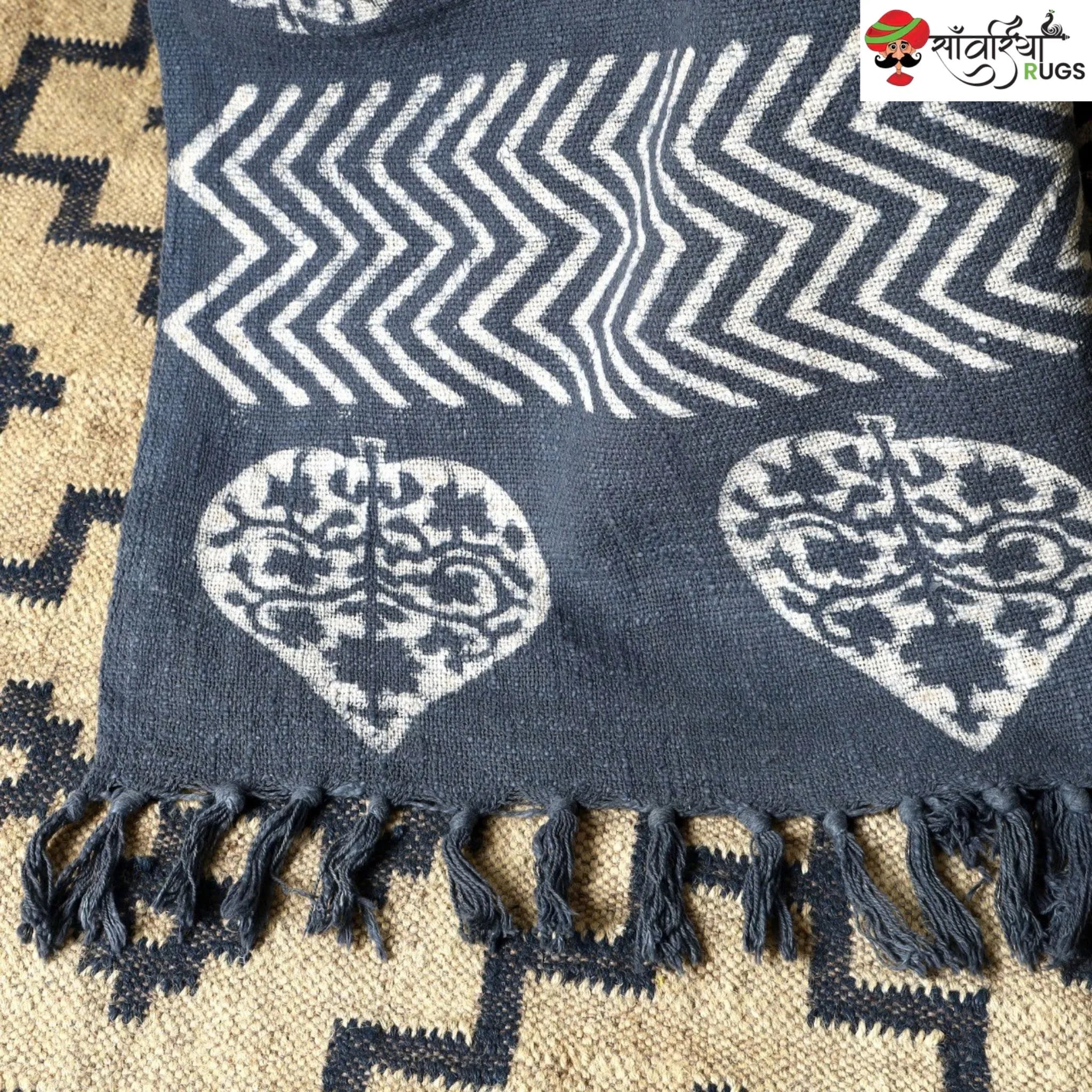 Indigo hand block printed cotton throw with traditional patterns