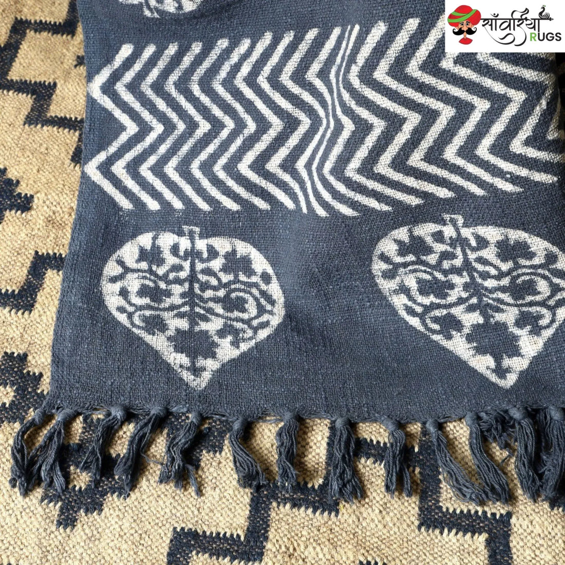 Indigo hand block printed cotton throw with traditional patterns