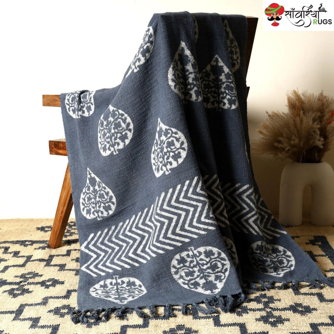 Indigo hand block printed cotton throw with traditional patterns