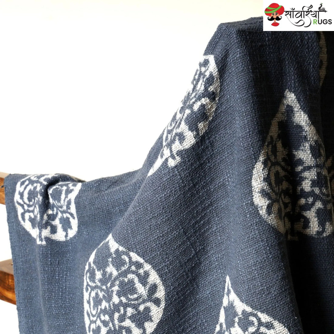Indigo hand block printed cotton throw with traditional patterns
