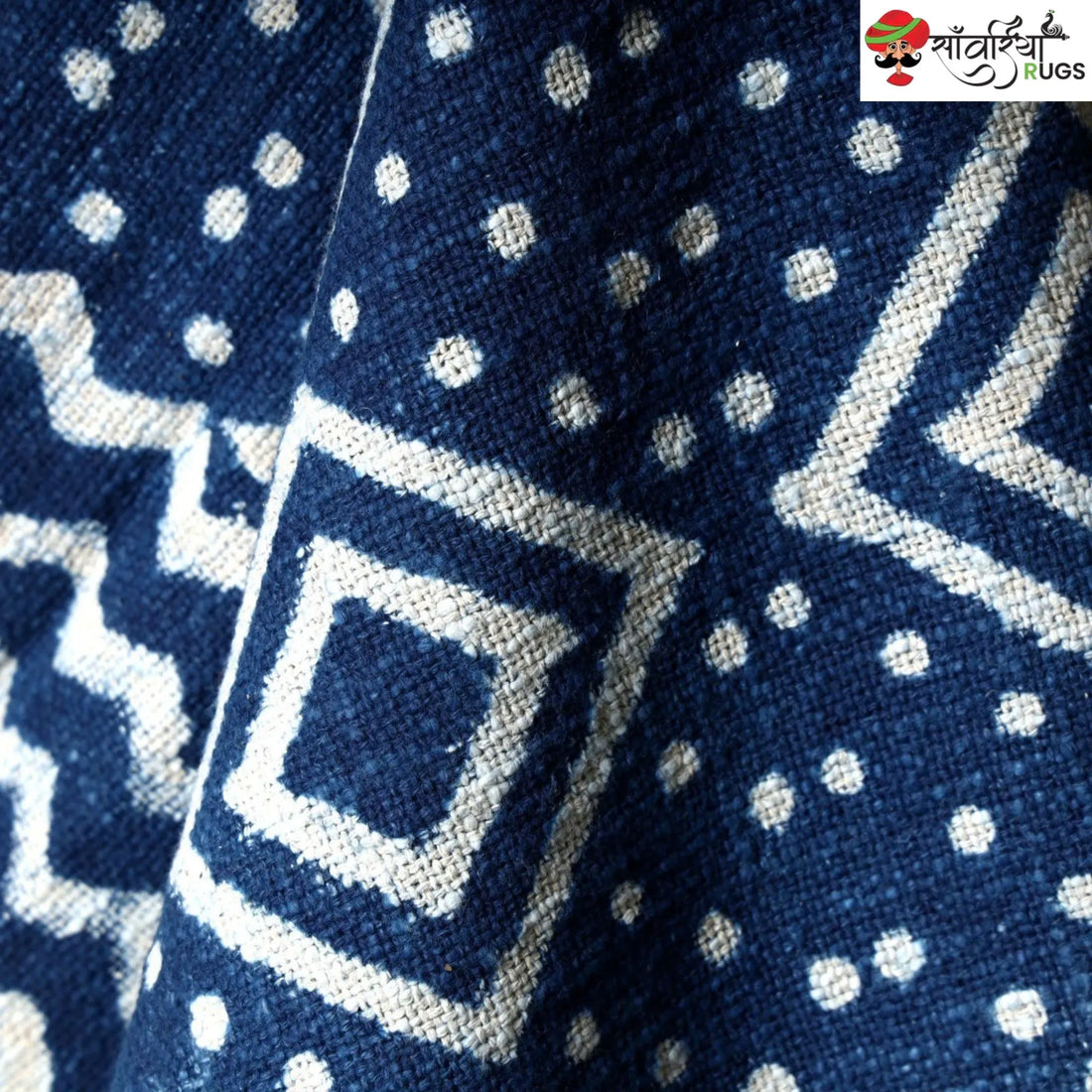 Blue Hand Block Printed Cotton Throw Blanket With Tassels