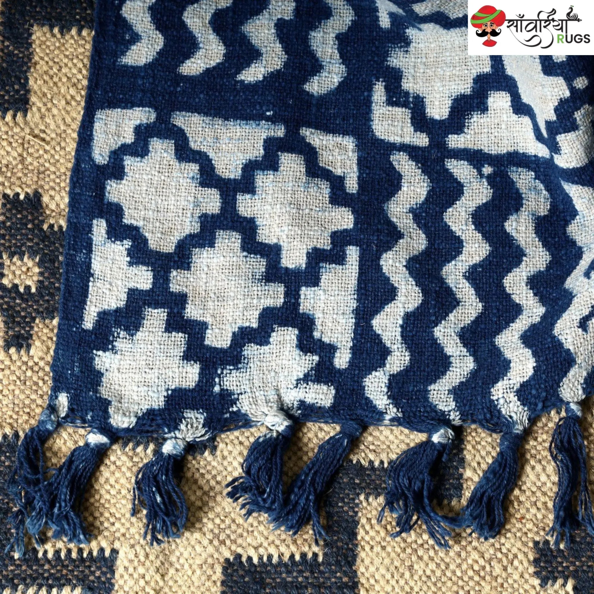 Blue Hand Block Printed Cotton Throw Blanket With Tassels