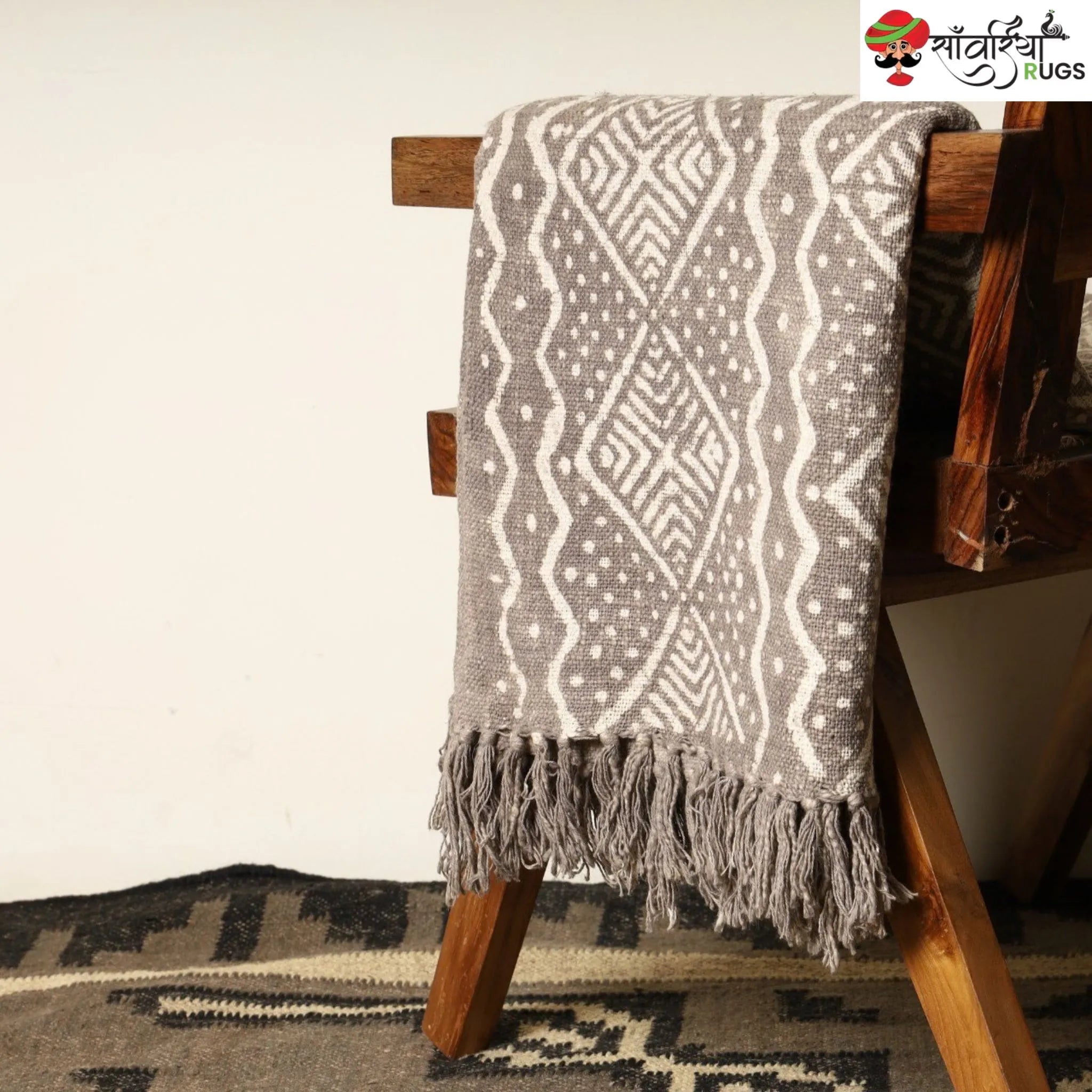 Mudcloth block print cotton throw blanket with geometric pattern