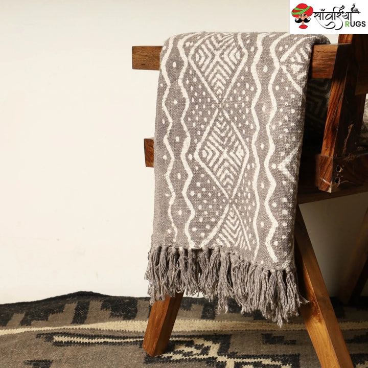 Mudcloth block print cotton throw blanket with geometric pattern