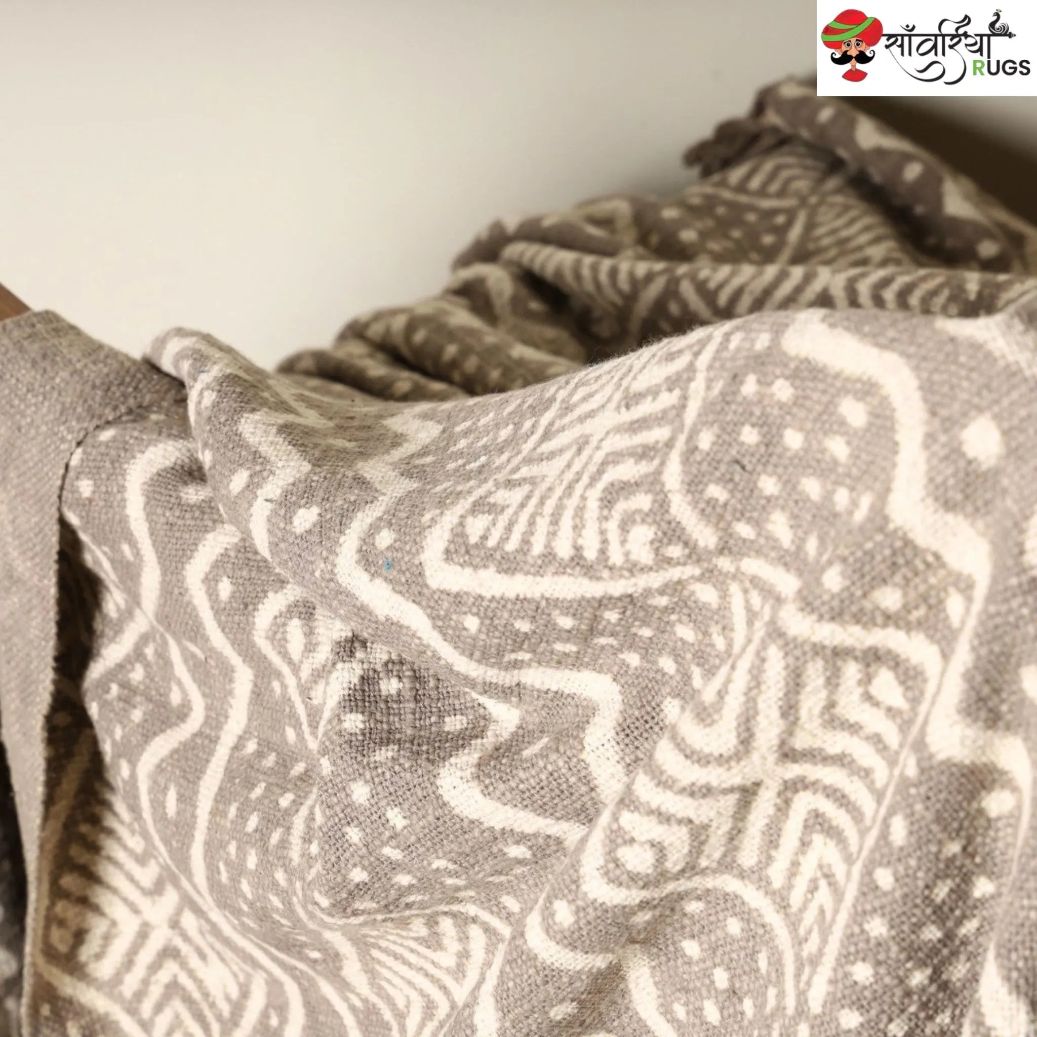 Mudcloth block print cotton throw blanket with geometric pattern