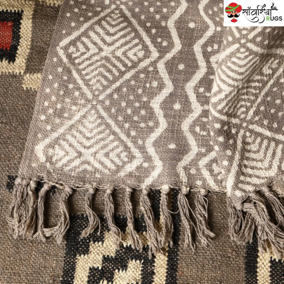 Mudcloth block print cotton throw blanket with geometric pattern