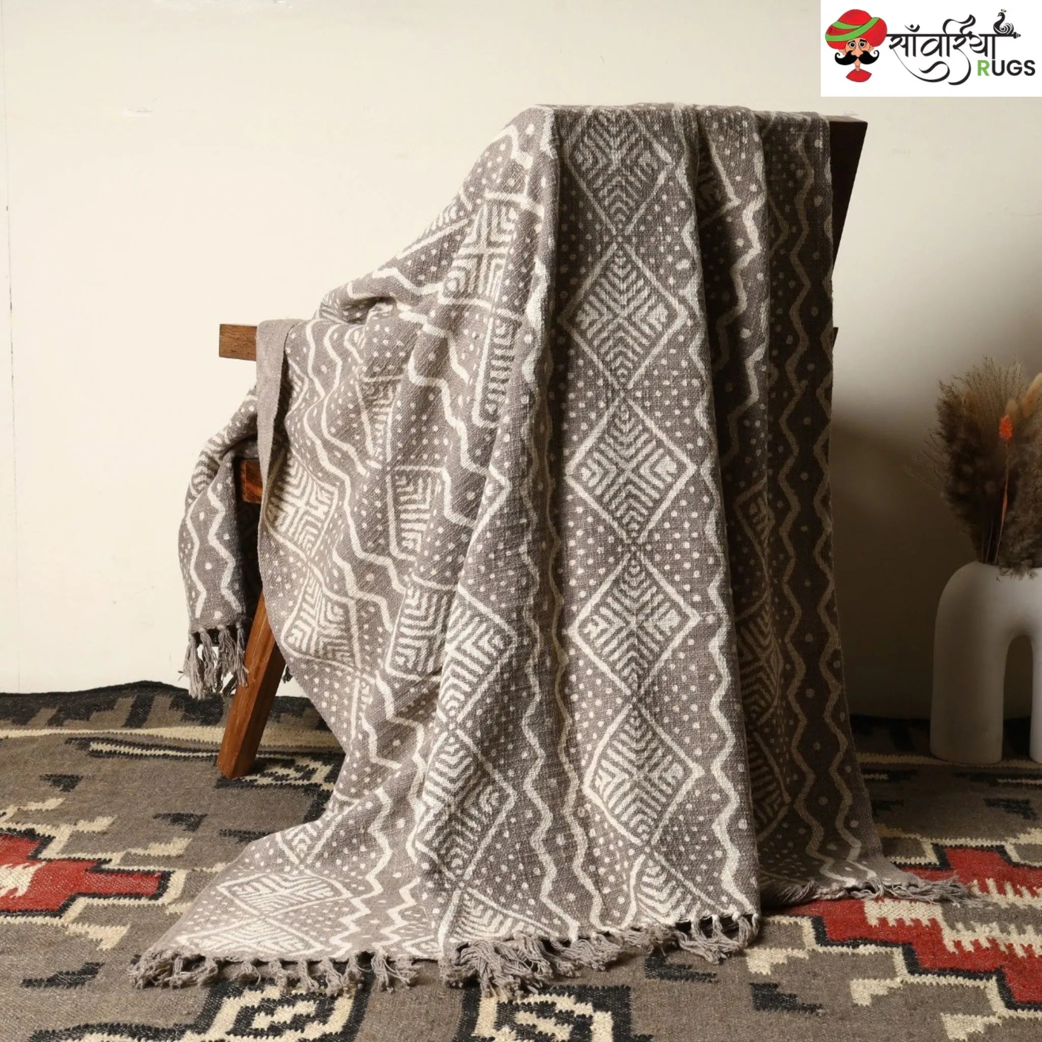 Mudcloth block print cotton throw blanket with geometric pattern