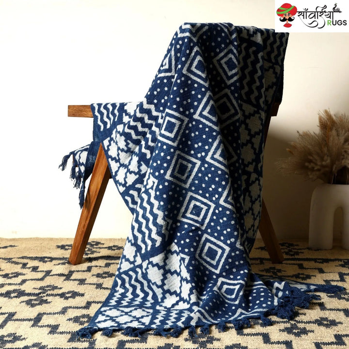 Blue Hand Block Printed Cotton Throw Blanket With Tassels
