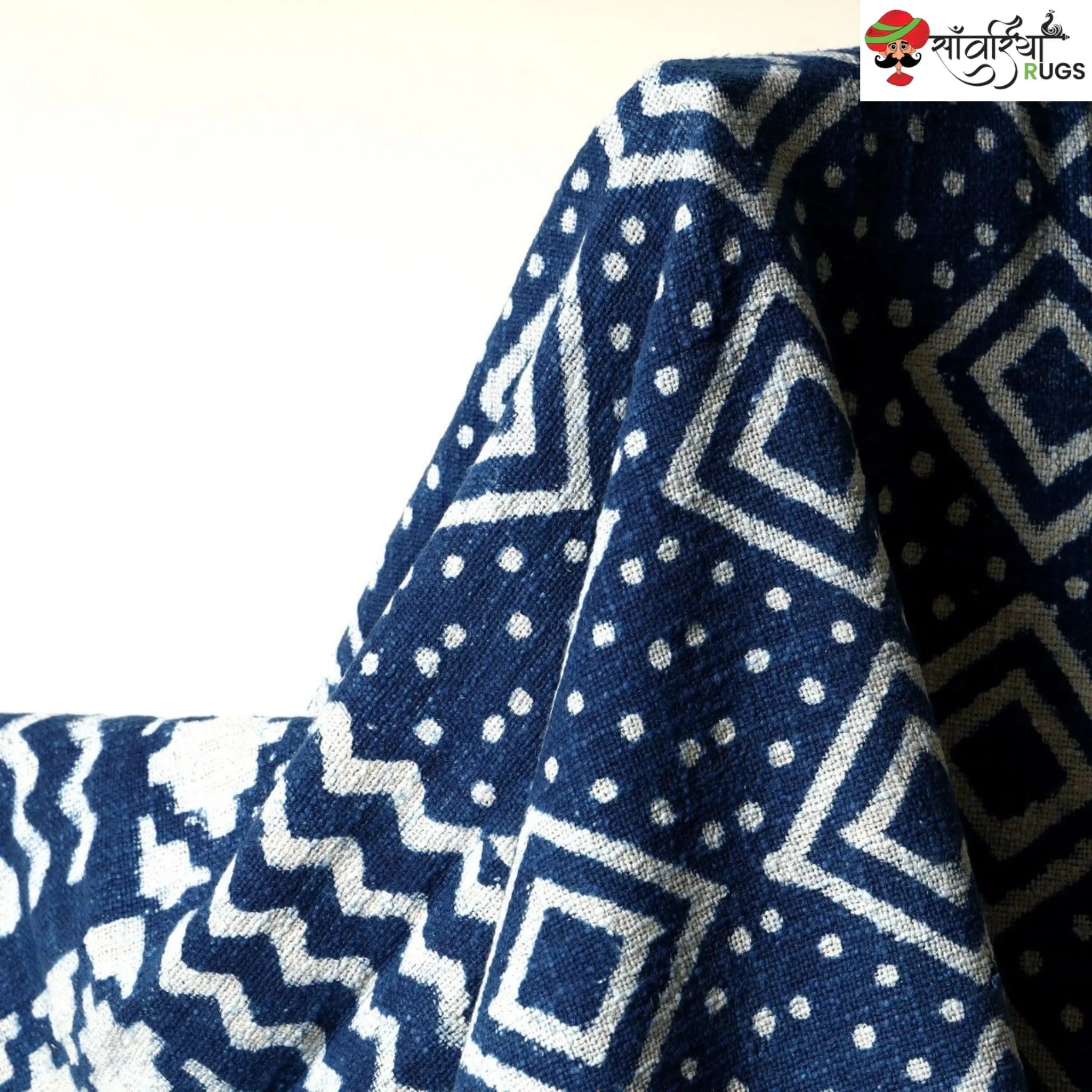 Blue Hand Block Printed Cotton Throw Blanket With Tassels