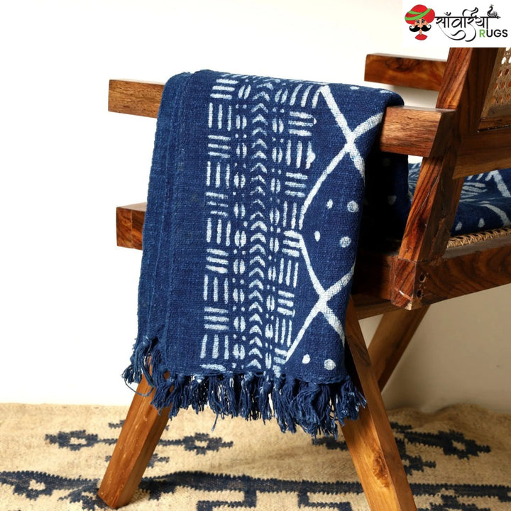 Hand block printed cotton throw blanket with geometric pattern