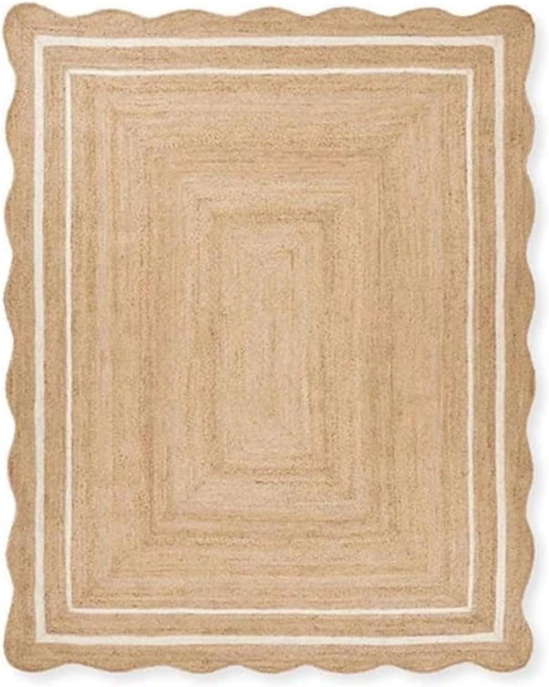 Natural Jute Area Rug with Scalloped Edges & Double Border – Handwoven Rug