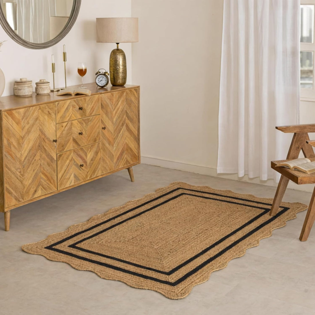 Natural Jute Wave Scalloped Area Rug – Handmade Braided Jute Rug