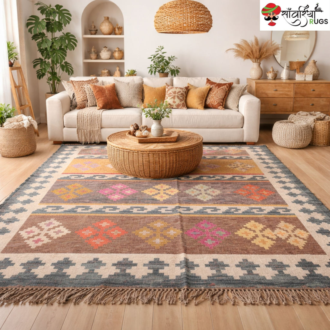 Wool Jute Kilim Dhurrie Rug with Handwoven Geometric Design