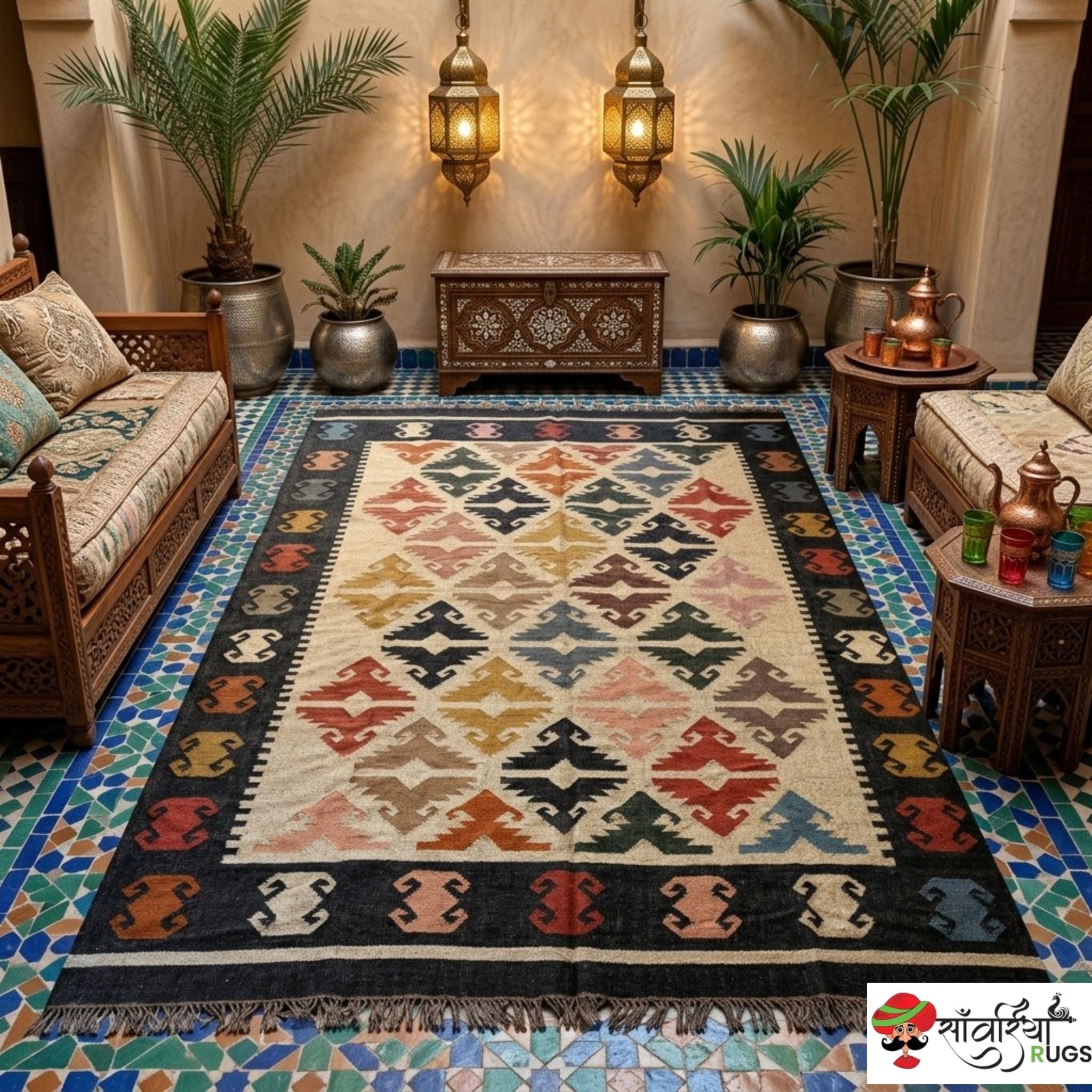 Handwoven Wool Jute Kilim Rug with Multicolor Geometric Tribal Pattern