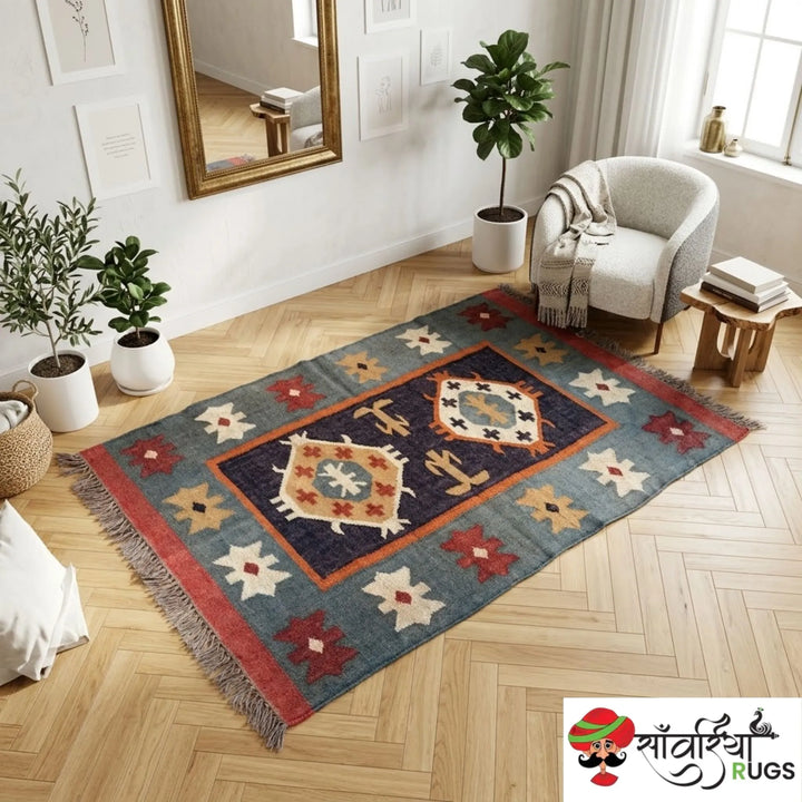Handwoven Wool Jute Kilim Rug for Traditional Indian Dhurrie Interiors