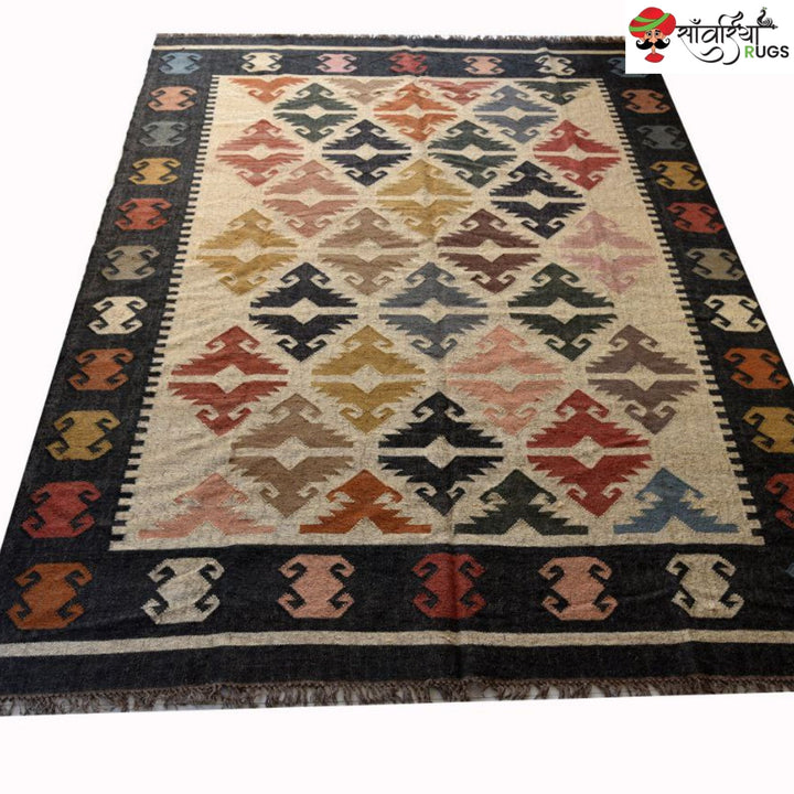 Handwoven Wool Jute Kilim Rug with Multicolor Geometric Tribal Pattern