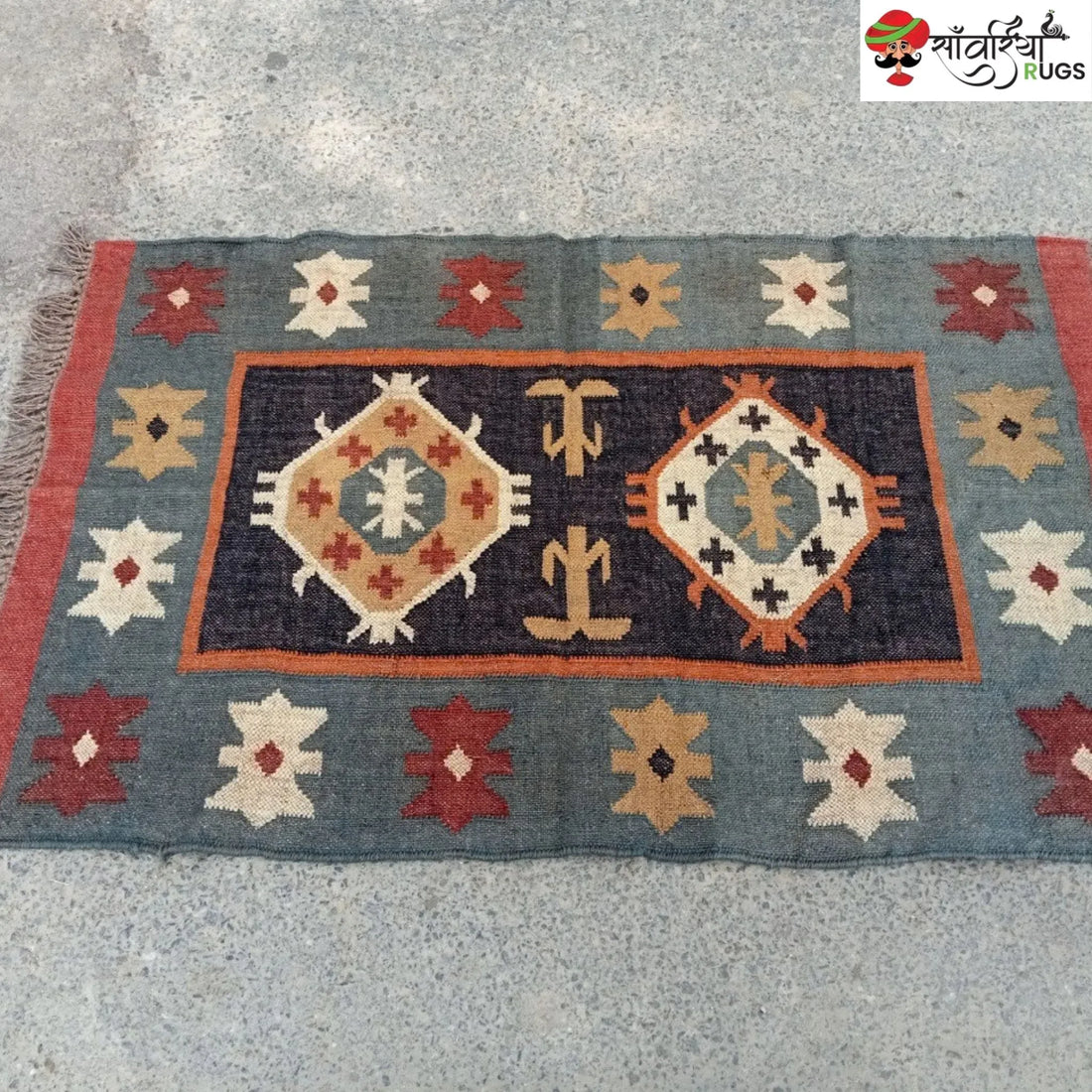Handwoven Wool Jute Kilim Rug for Traditional Indian Dhurrie Interiors