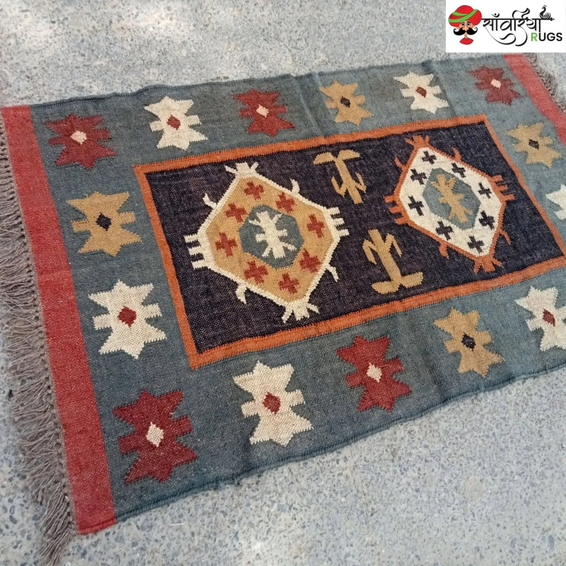 Handwoven Wool Jute Kilim Rug for Traditional Indian Dhurrie Interiors