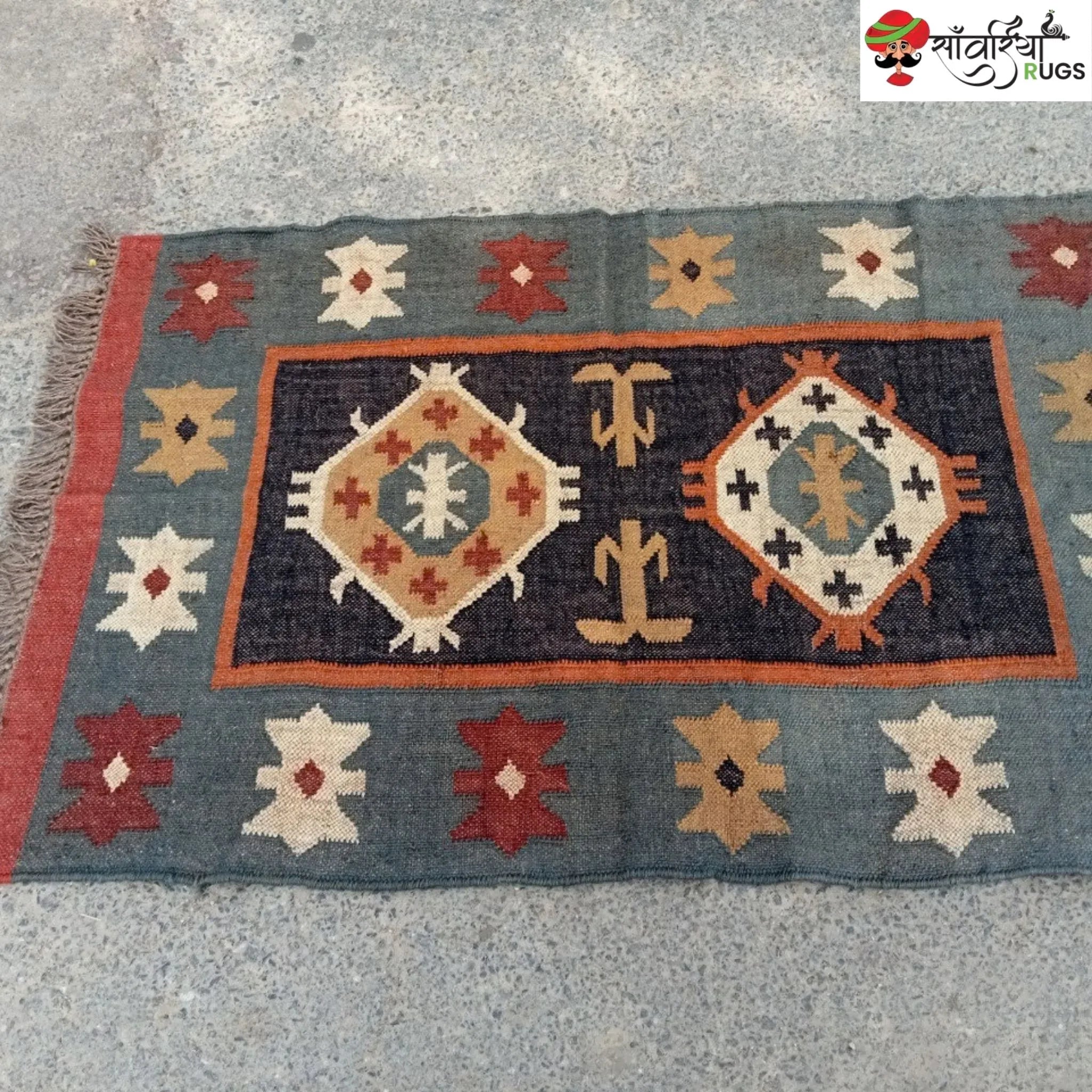 Handwoven Wool Jute Kilim Rug for Traditional Indian Dhurrie Interiors