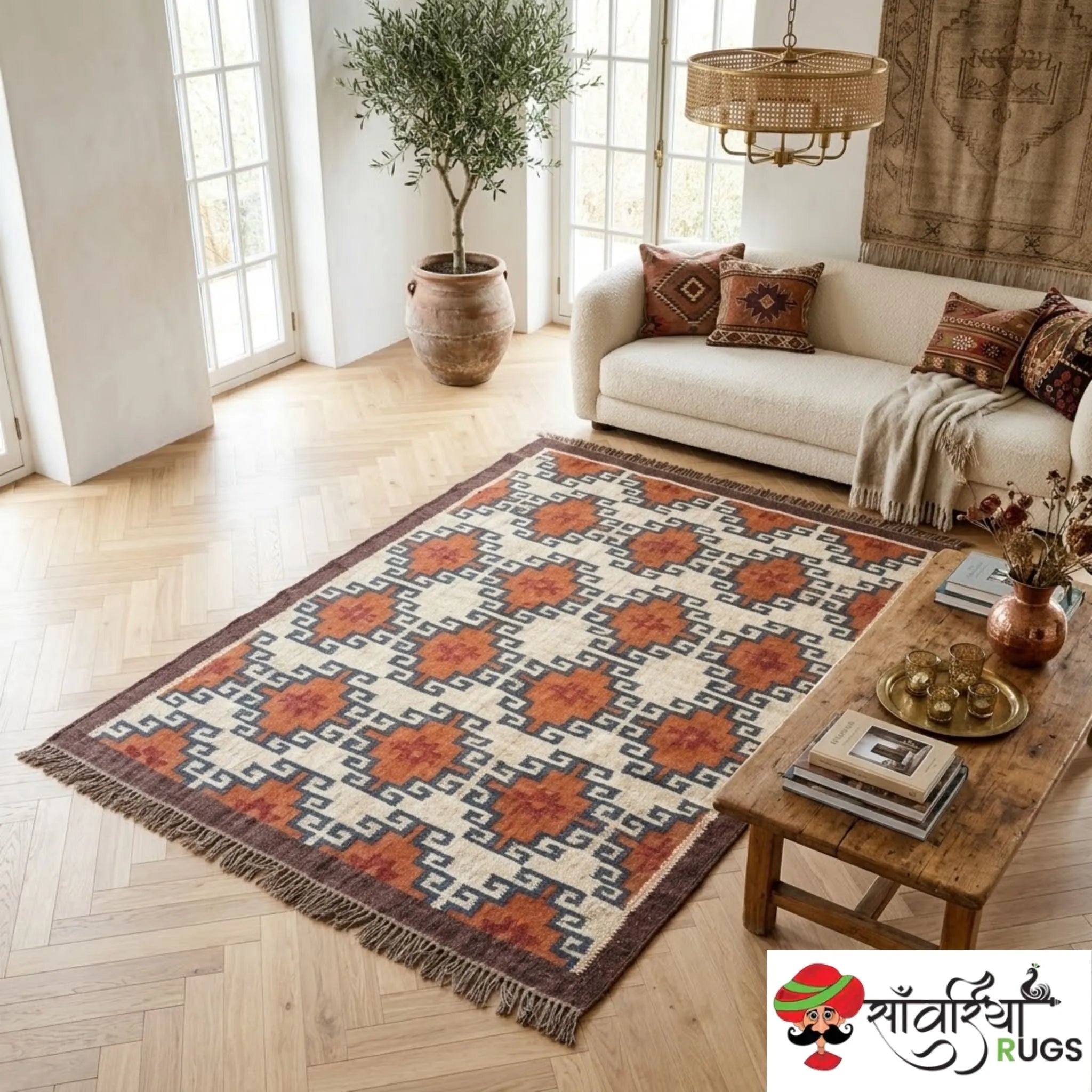 HANDMADE WOOL JUTE KILIM DHURRIE RUG WITH GEOMETRIC FLATWEAVE PATTERN