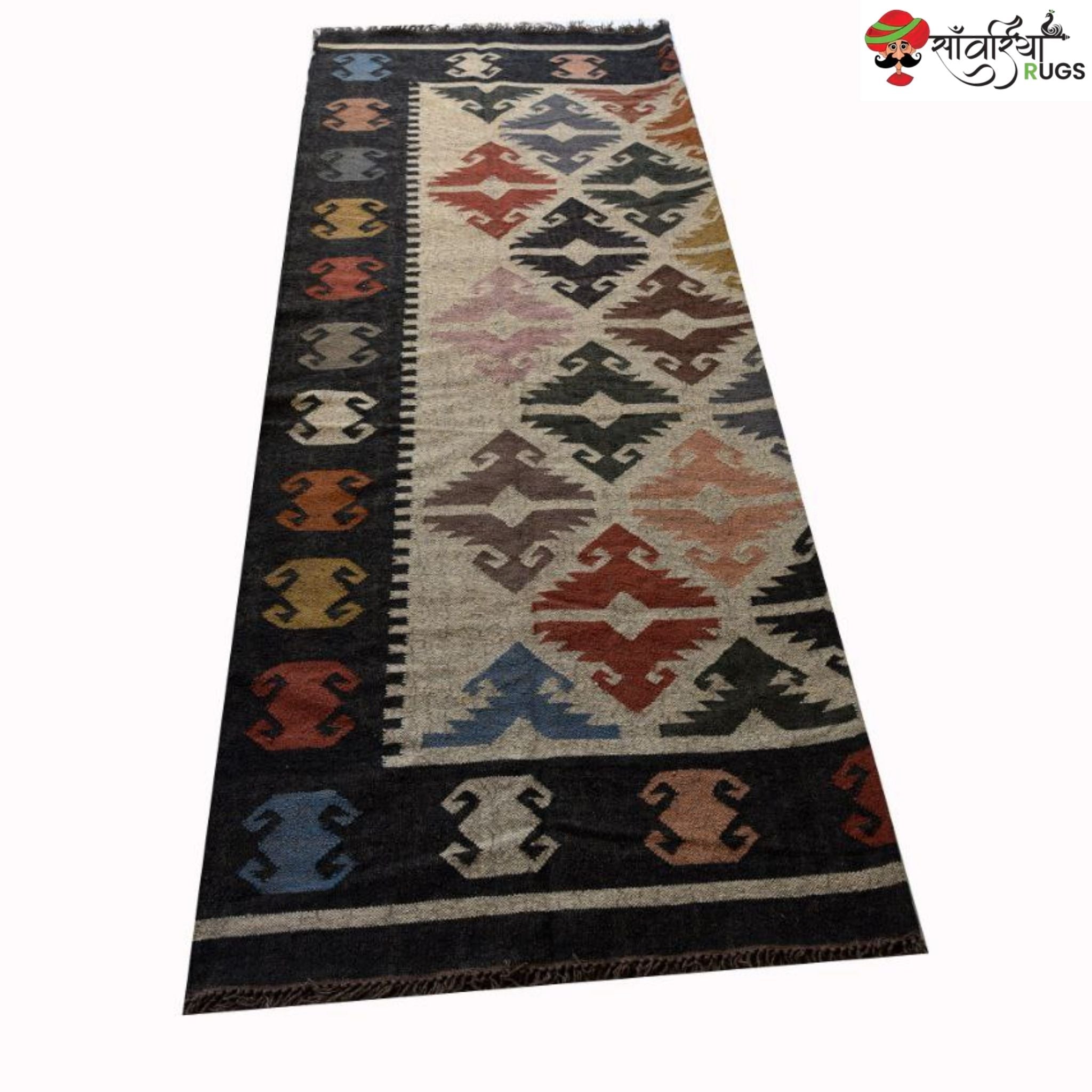 Handwoven Wool Jute Kilim Rug with Multicolor Geometric Tribal Pattern
