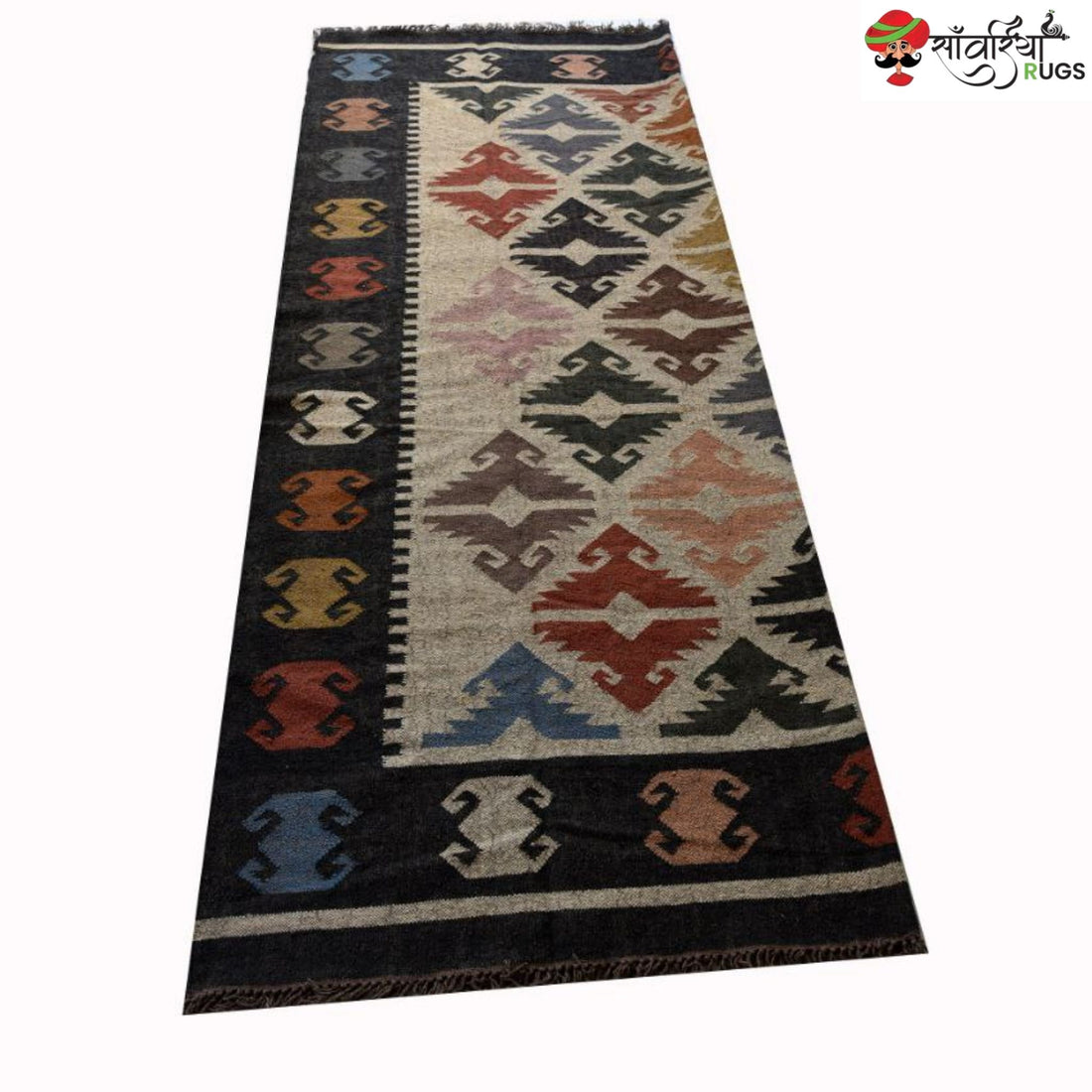Handwoven Wool Jute Kilim Rug with Multicolor Geometric Tribal Pattern