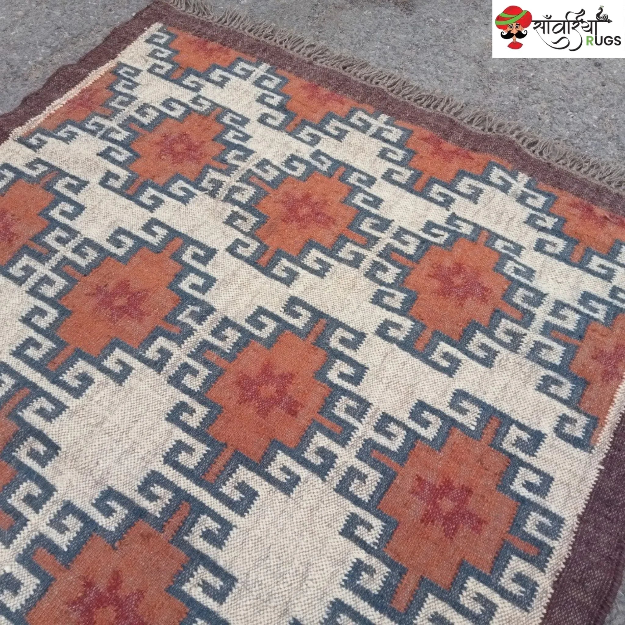 HANDMADE WOOL JUTE KILIM DHURRIE RUG WITH GEOMETRIC FLATWEAVE PATTERN