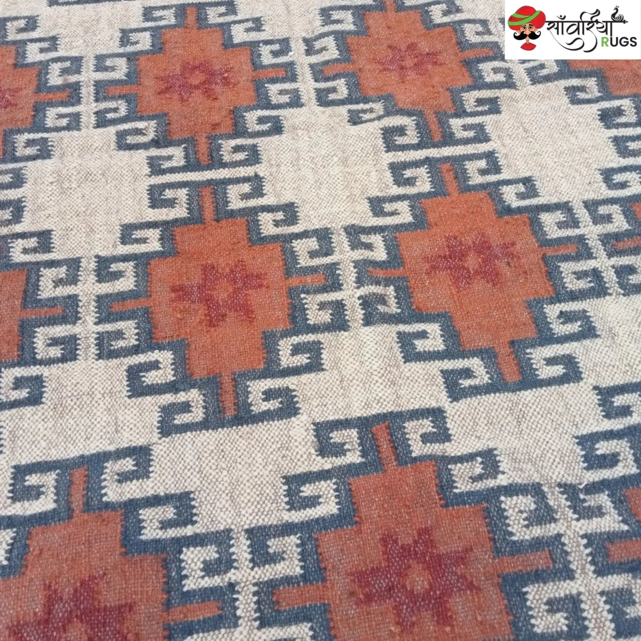 HANDMADE WOOL JUTE KILIM DHURRIE RUG WITH GEOMETRIC FLATWEAVE PATTERN