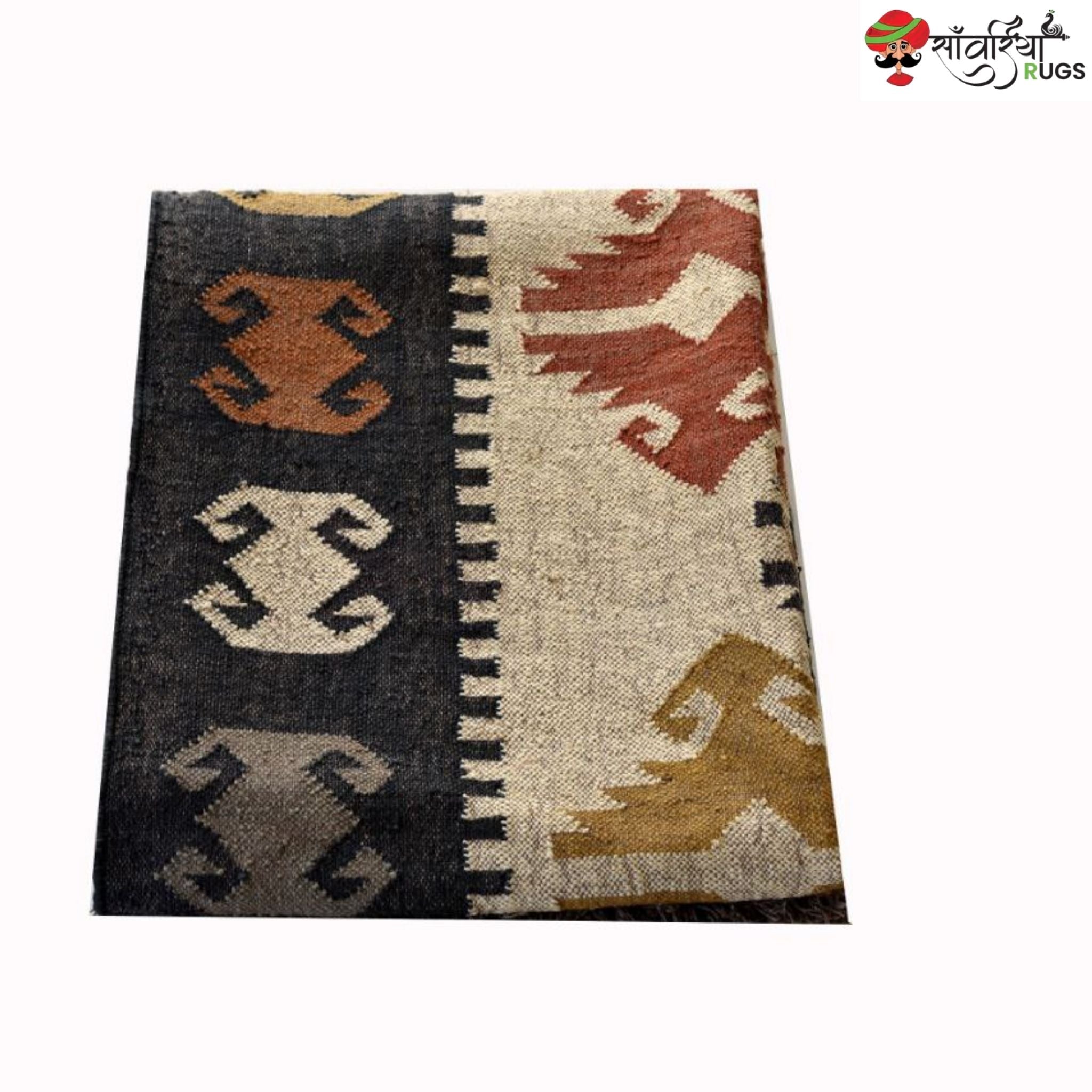 Handwoven Wool Jute Kilim Rug with Multicolor Geometric Tribal Pattern