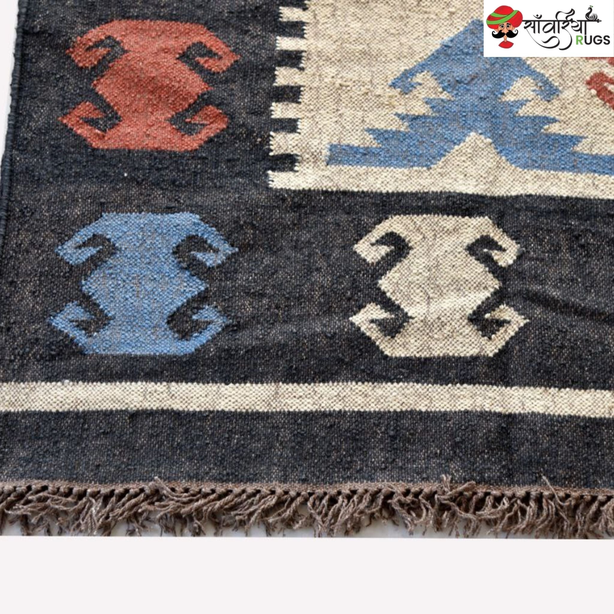 Handwoven Wool Jute Kilim Rug with Multicolor Geometric Tribal Pattern
