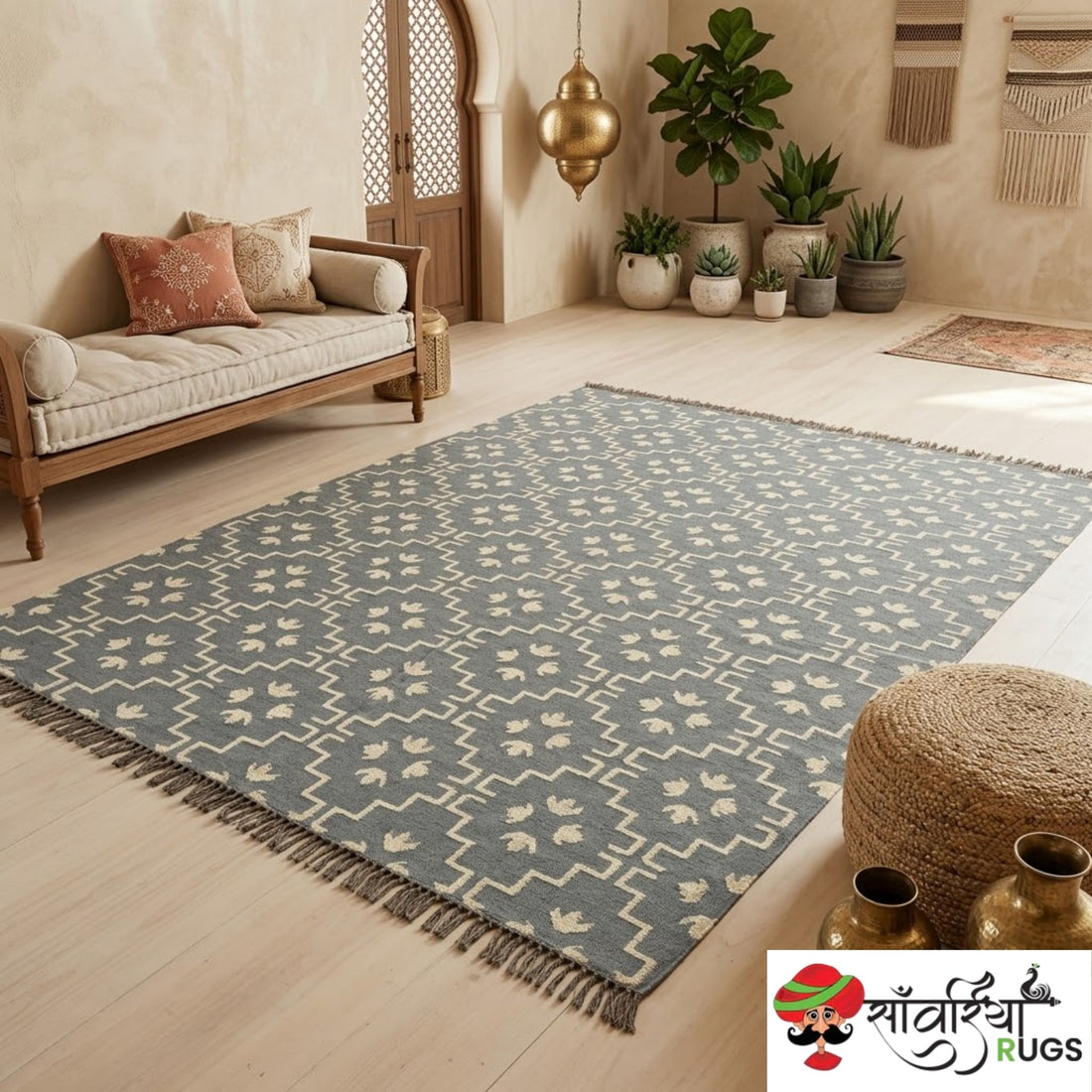 Handmade Wool Jute Kilim Rug with Traditional Geometric Flatweave Pattern