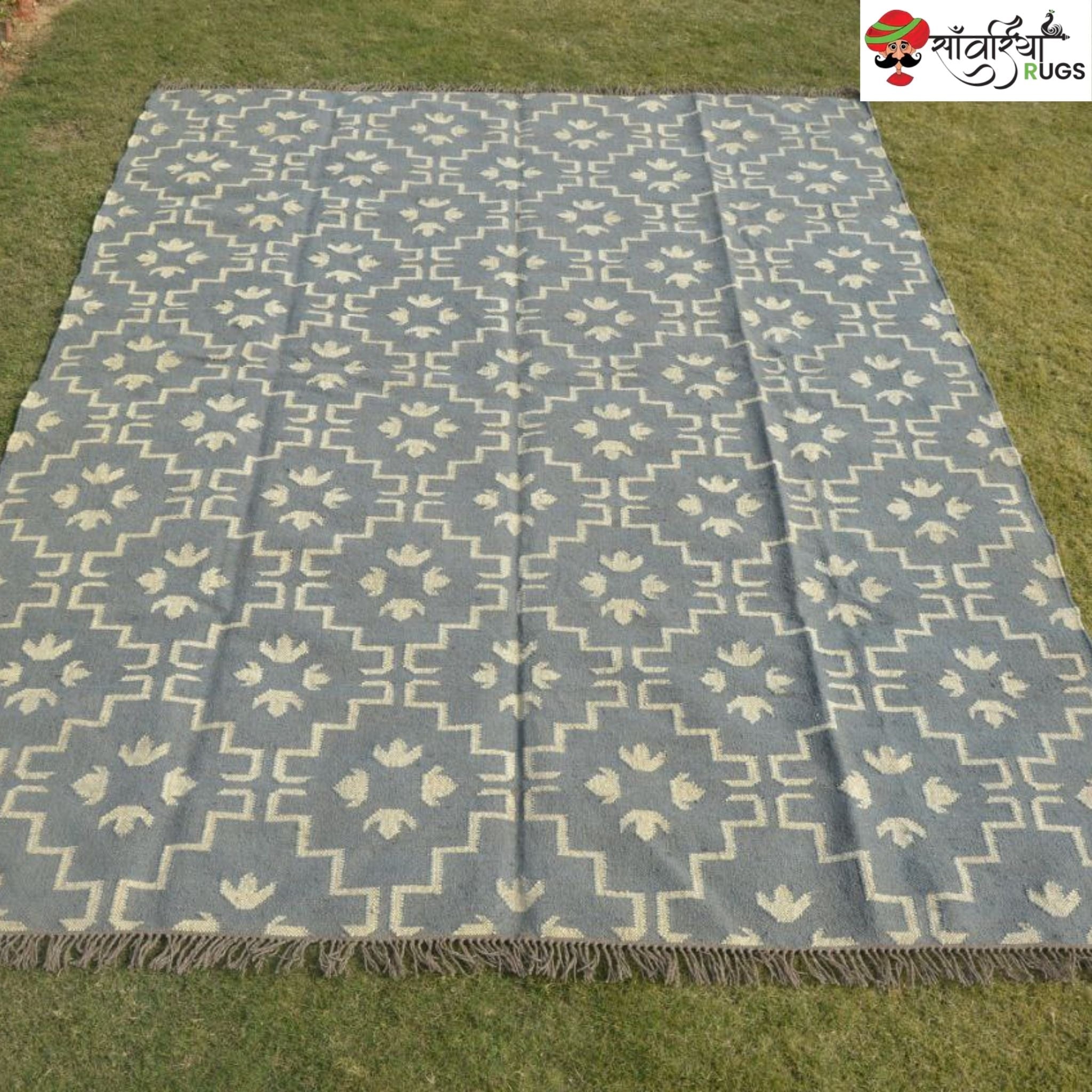 Handmade Wool Jute Kilim Rug with Traditional Geometric Flatweave Pattern