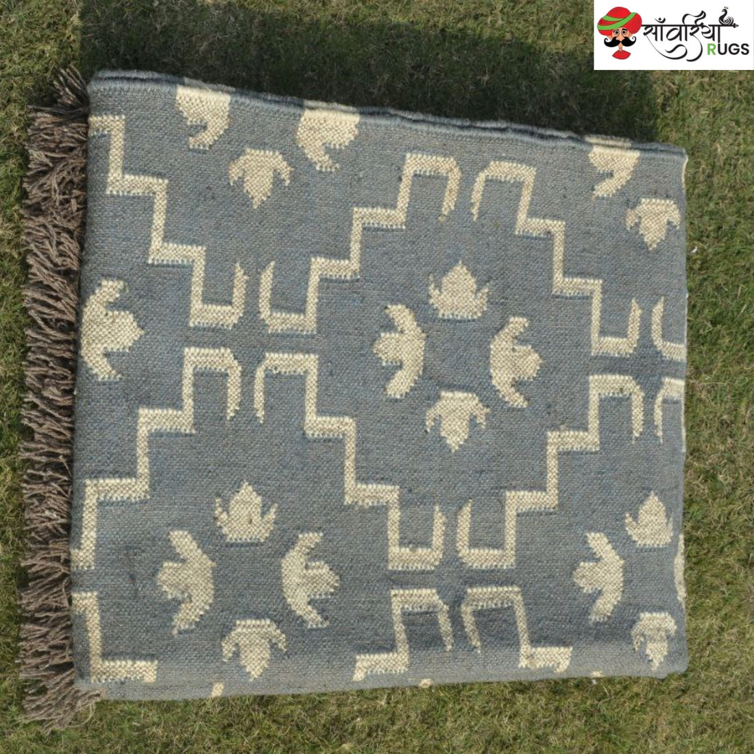 Handmade Wool Jute Kilim Rug with Traditional Geometric Flatweave Pattern