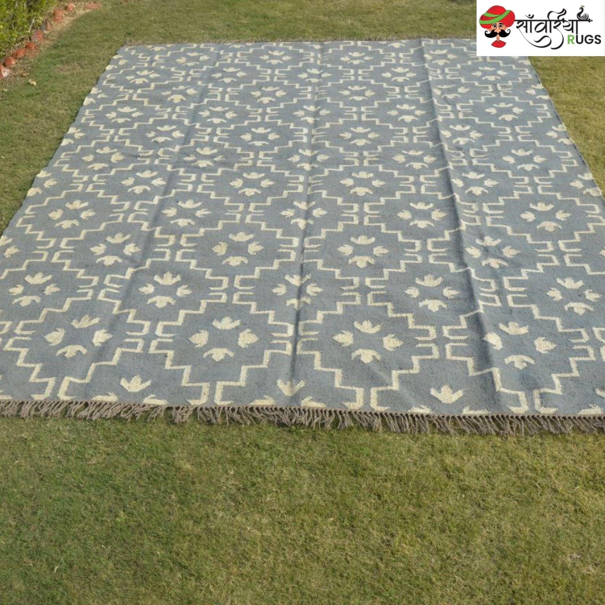 Handmade Wool Jute Kilim Rug with Traditional Geometric Flatweave Pattern