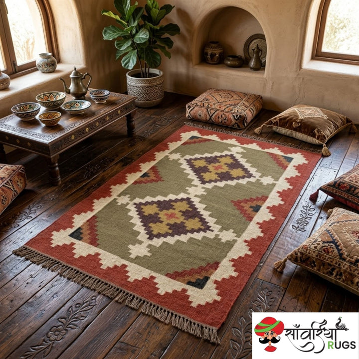 Handmade wool and jute kilim rug with traditional geometric design