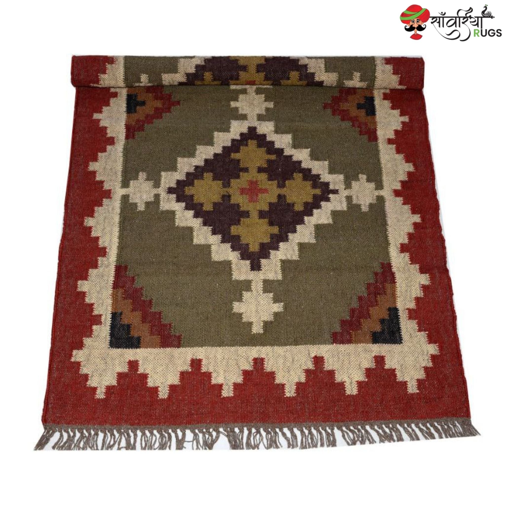 Handmade wool and jute kilim rug with traditional geometric design