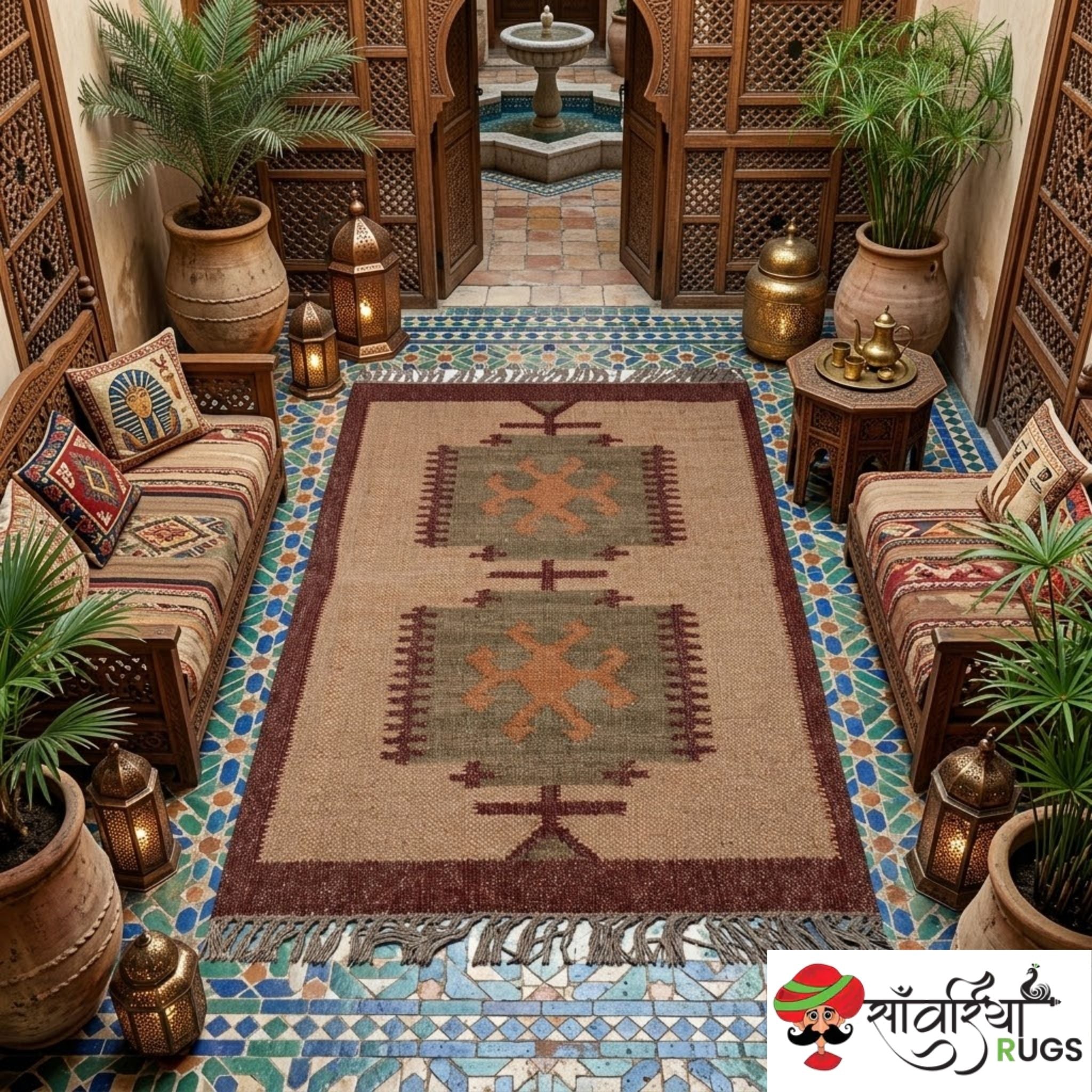 Handwoven jute wool kilim rug with Indian traditional design