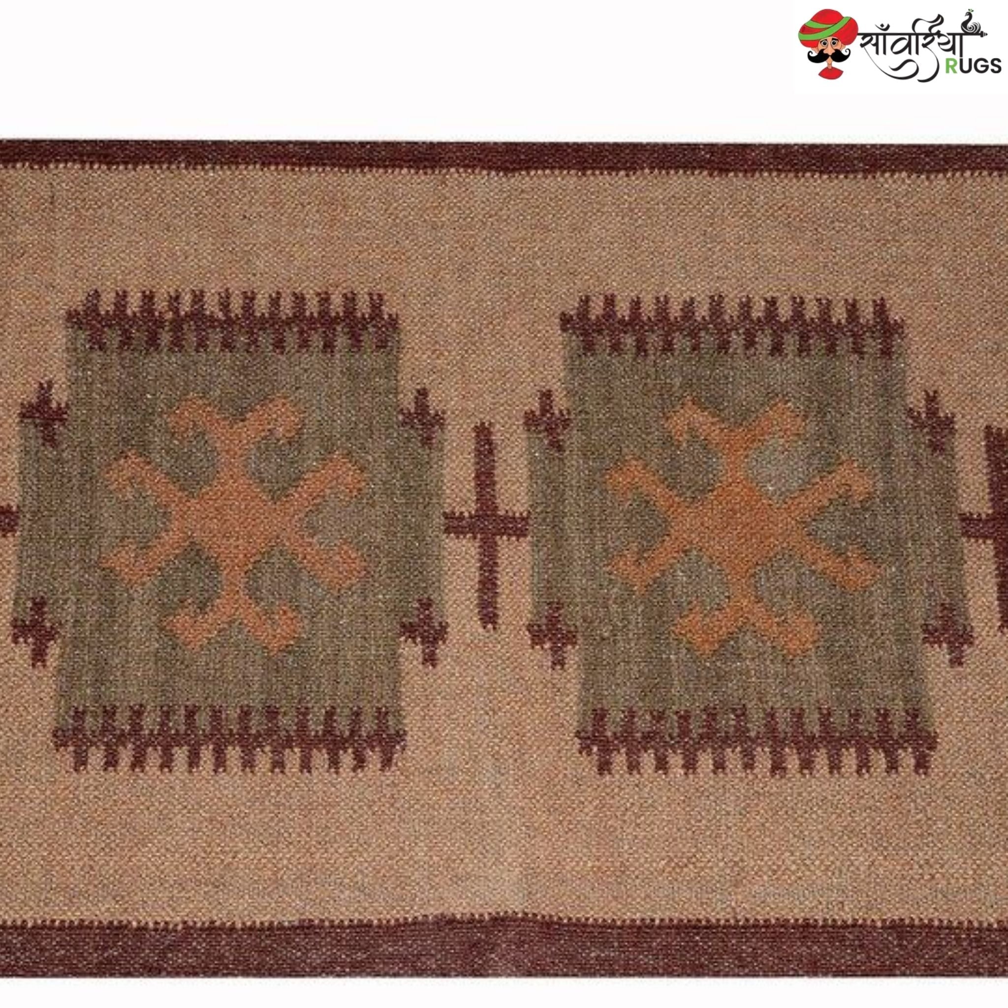 Handwoven jute wool kilim rug with Indian traditional design