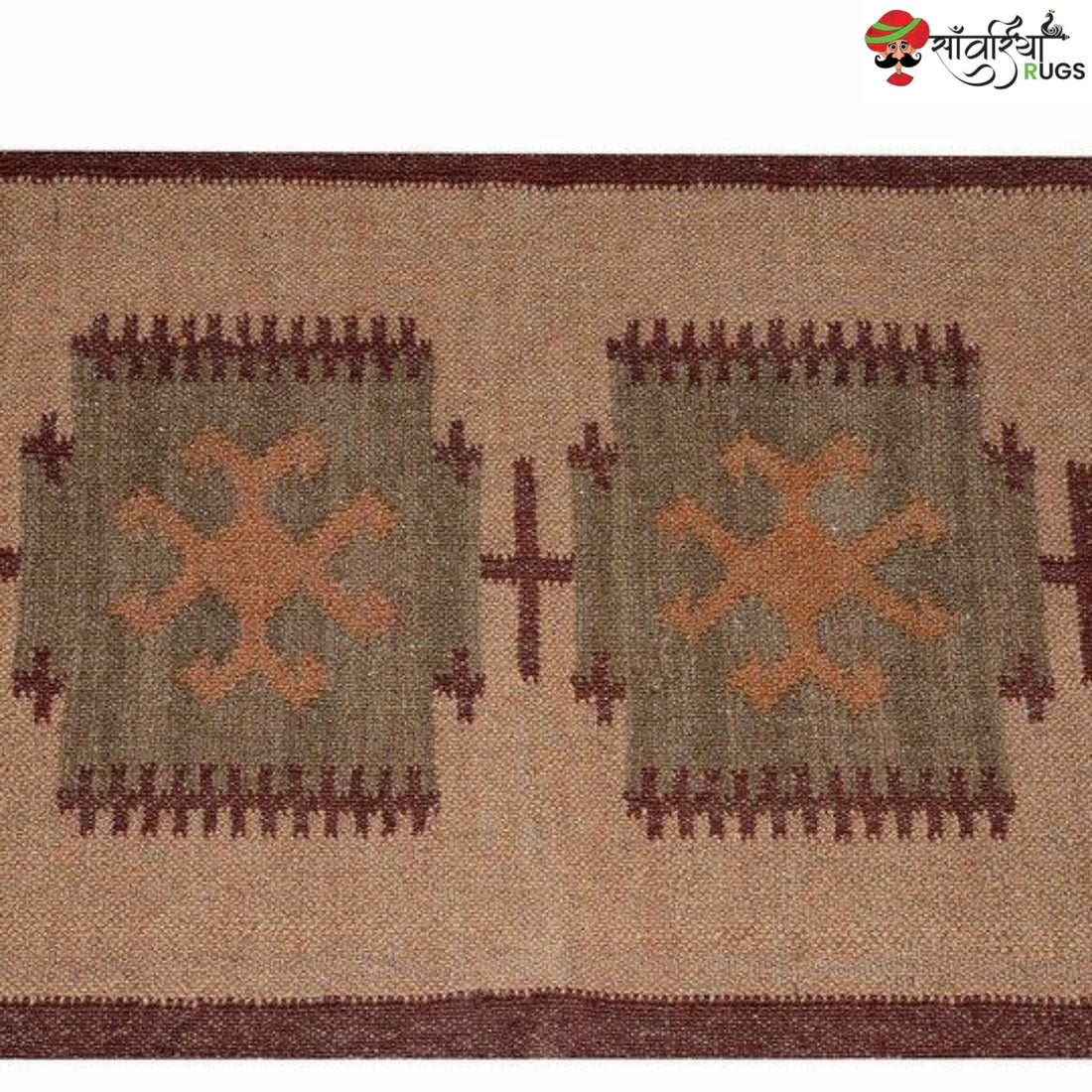 Handwoven jute wool kilim rug with Indian traditional design
