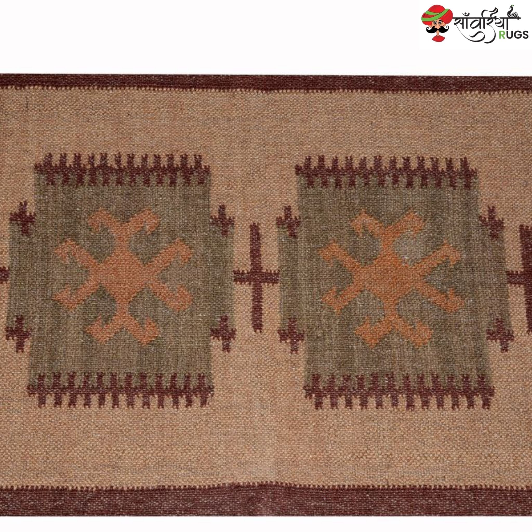 Handwoven jute wool kilim rug with Indian traditional design