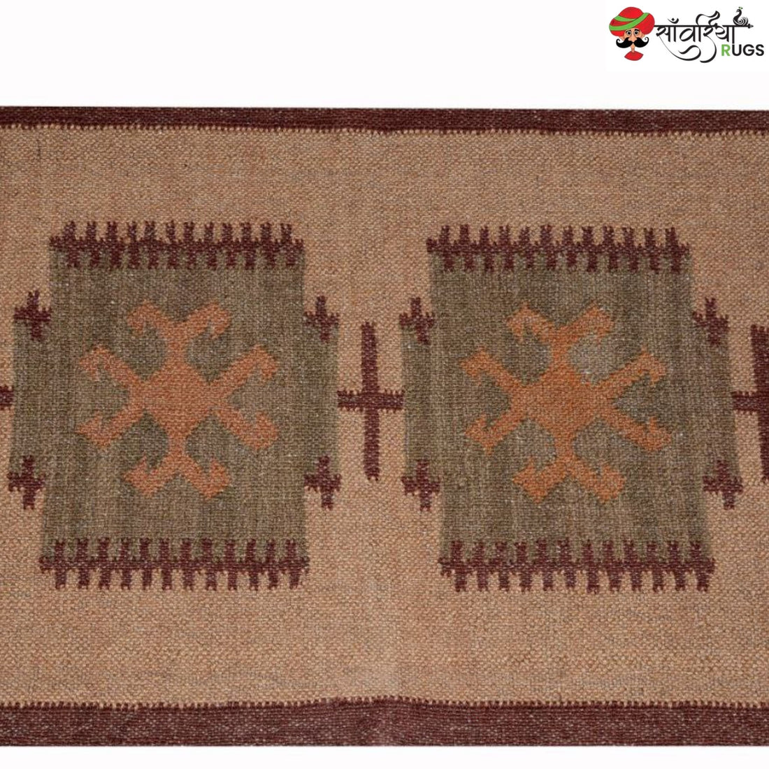Handwoven jute wool kilim rug with Indian traditional design