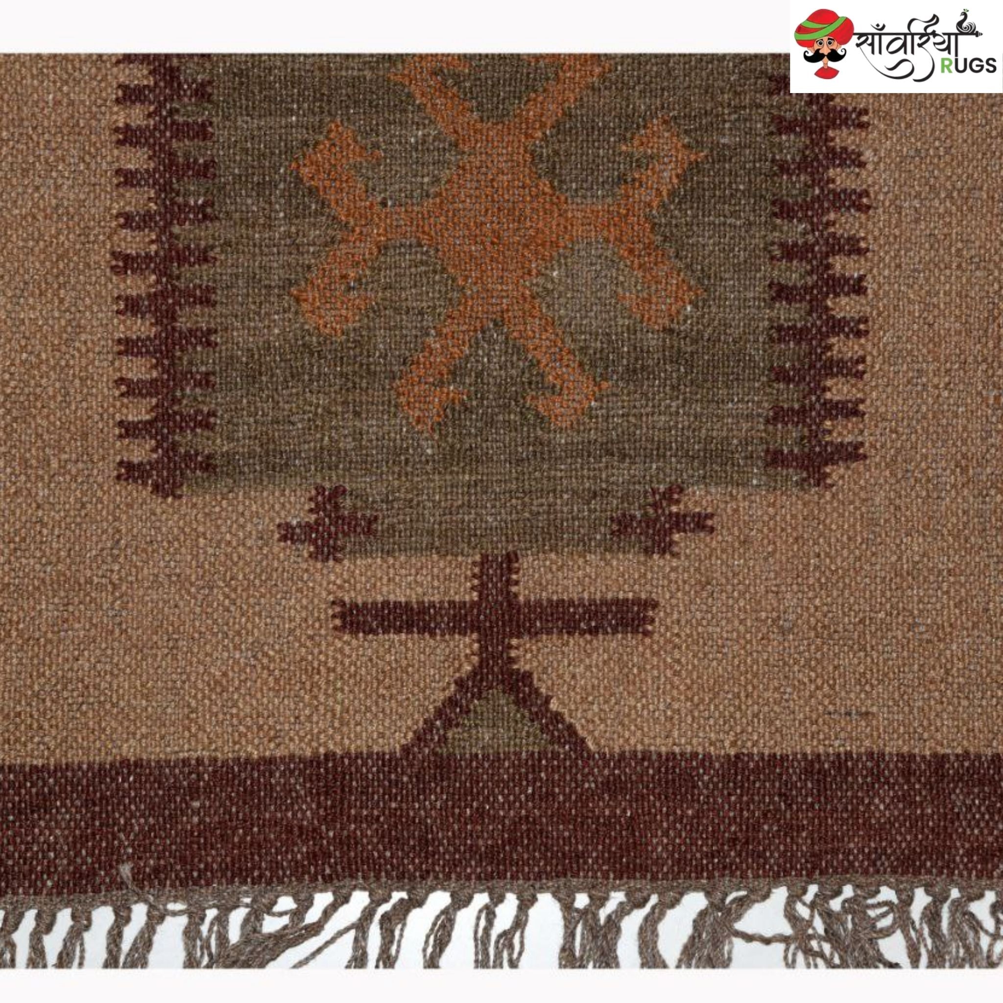 Handwoven jute wool kilim rug with Indian traditional design