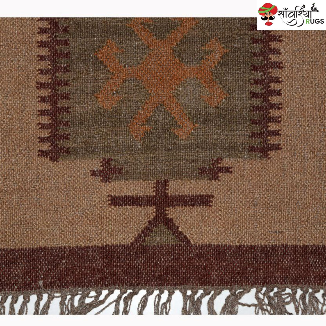 Handwoven jute wool kilim rug with Indian traditional design