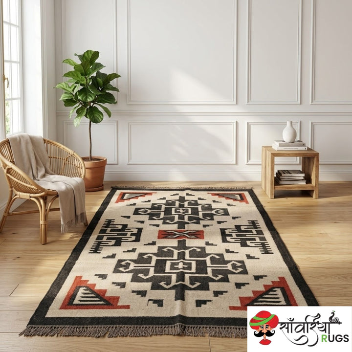 Southwest style wool jute kilim rug with geometric pattern
